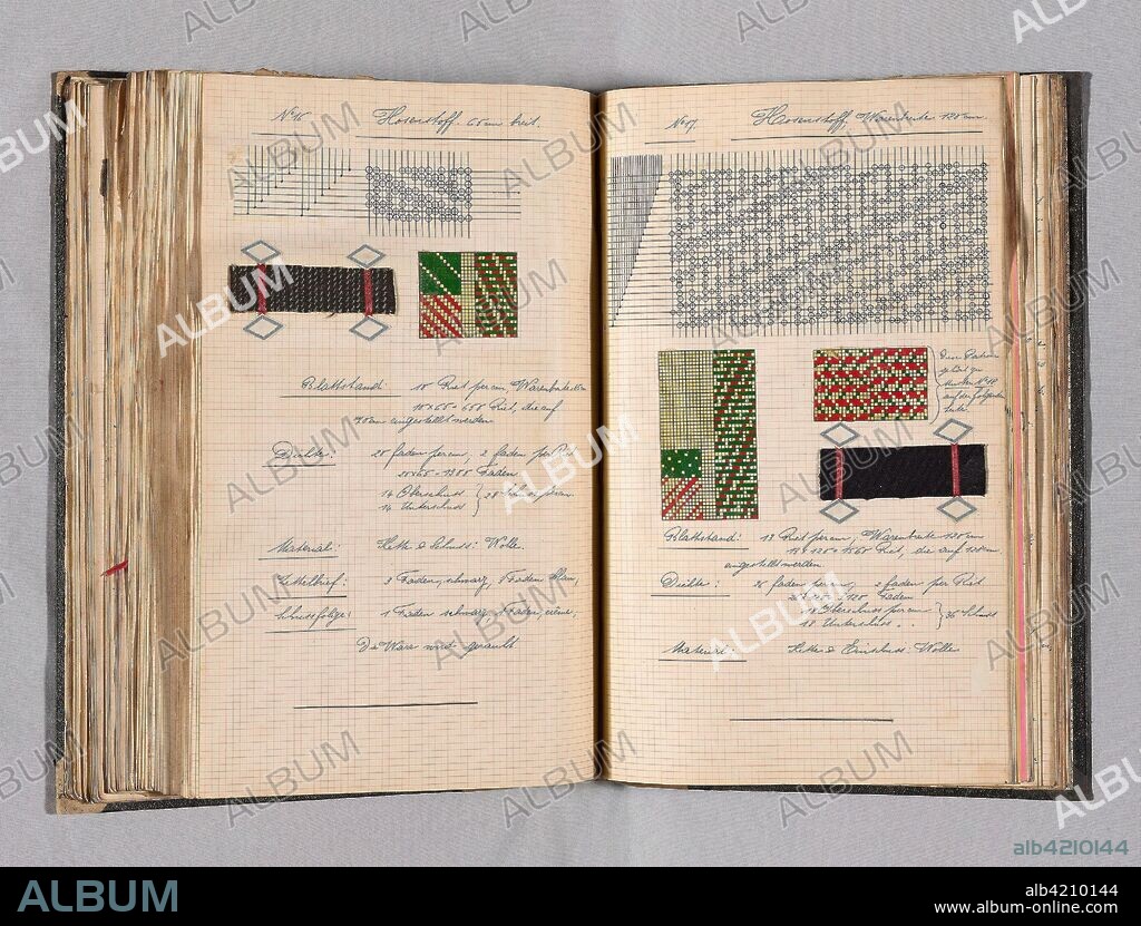 Student Notebook Containing Notes, Diagrams and Swatches. Alfred Fehr (Switzerland, 1879-1955). Date: 1898-1900. Dimensions: 38.7 x 27.3 x 6.7 cm (15 1/4 x 10 3/4 x 2 5/8 in.). Bound notebook of technical notes and weave samples: fabrics for clothing and mixed goods, ribbed and twill cottons, and jacquard; 176 pages. Origin: Germany.