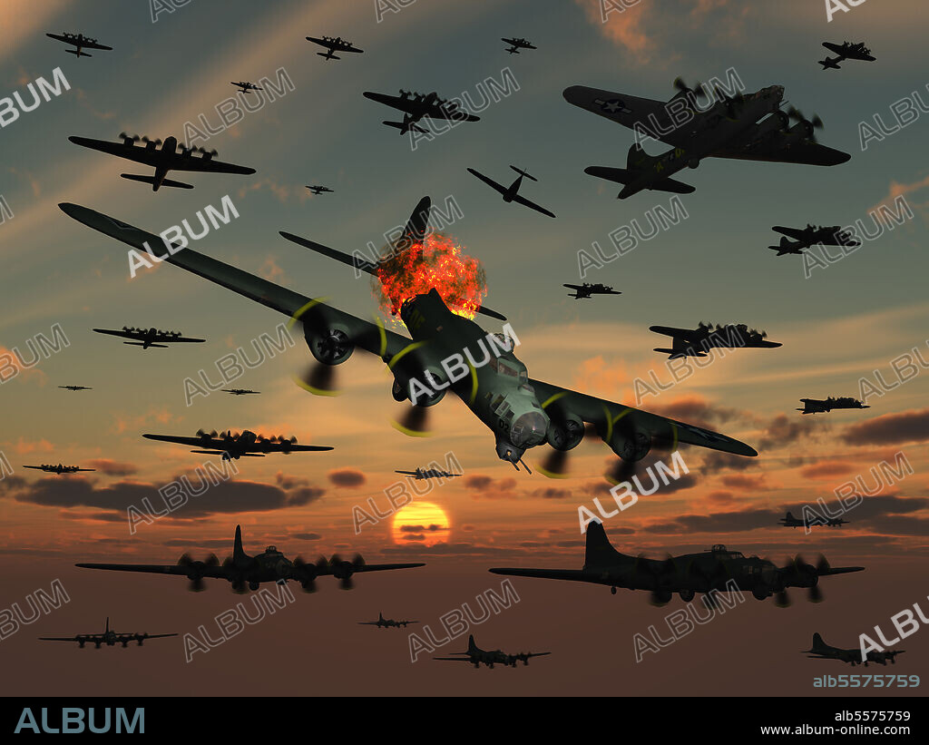 An American B-17 Flying Fortress is set ablaze by a German Interceptor Fighter Plane. Hopefully its crew will have time to bail out before the bomber either explodes or crashes.