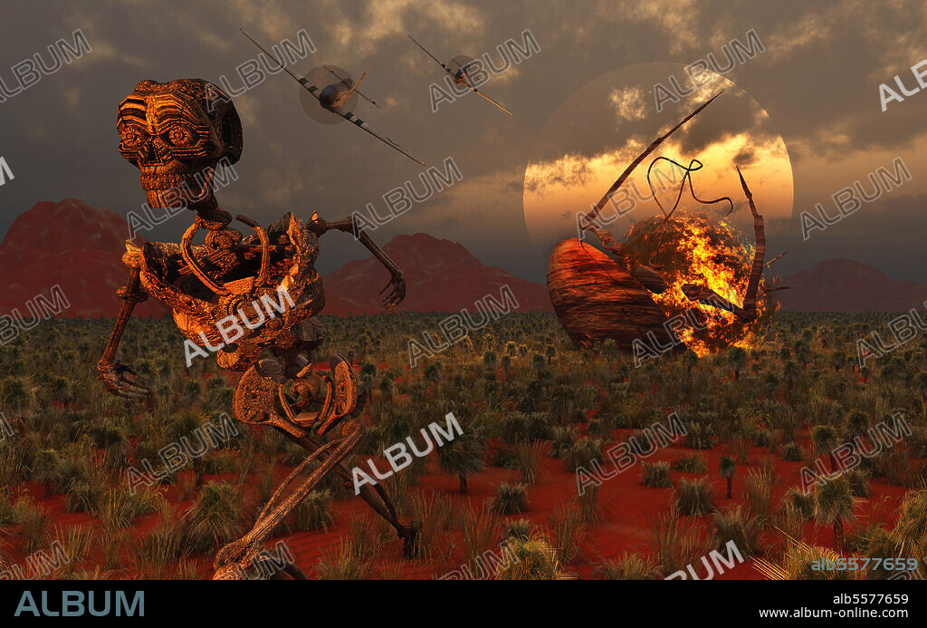 A pair of P-51 Mustang Fighter planes blowing up a crashed alien vehicle and it's robotic crew member, during Earth's ongoing secret war with this robotic enemy race.