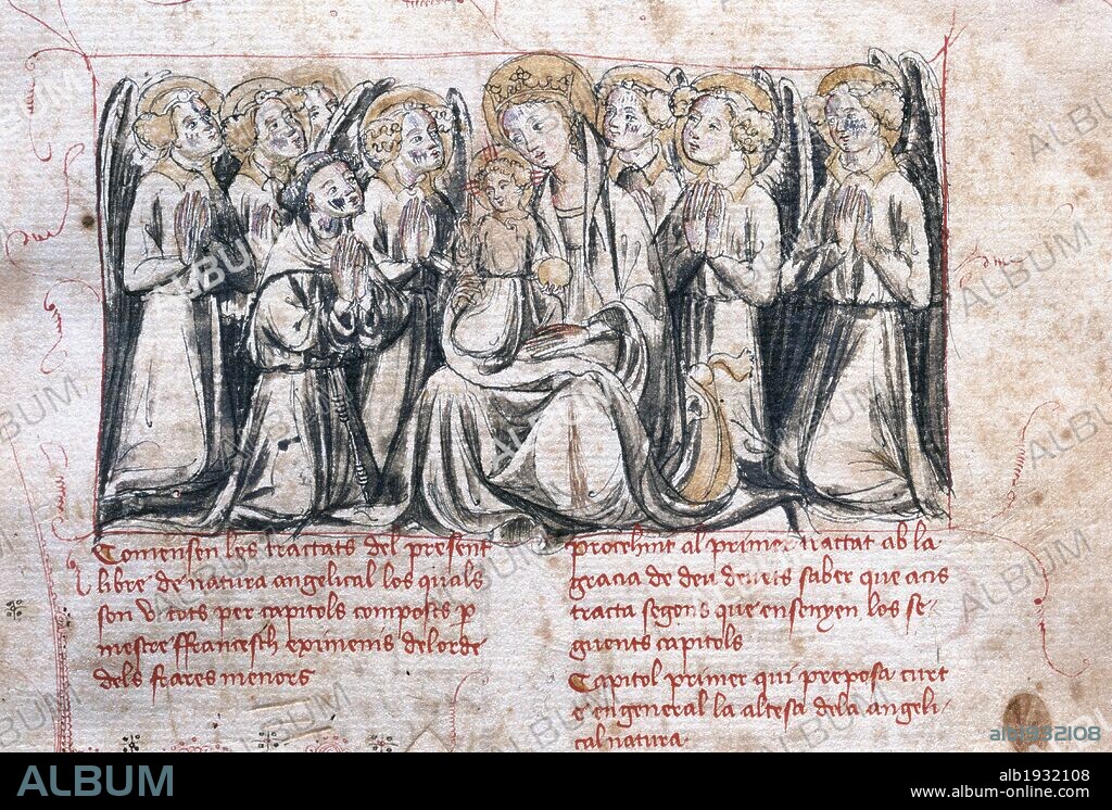 LITERATURA CATALANA. Siglos XIV-XV. EIXIMENIS, Francesc (1340-1409?). "DE NATURA ANGELICA" o "LLIBRE DELS ANGELS". Escrito en el 1392. Manuscrito con la Virgen y el niño, con ángeles y un franciscano de rodillas, que es sin duda F. Eiximenis. Biblioteca de Cataluña. Barcelona. Cataluña.