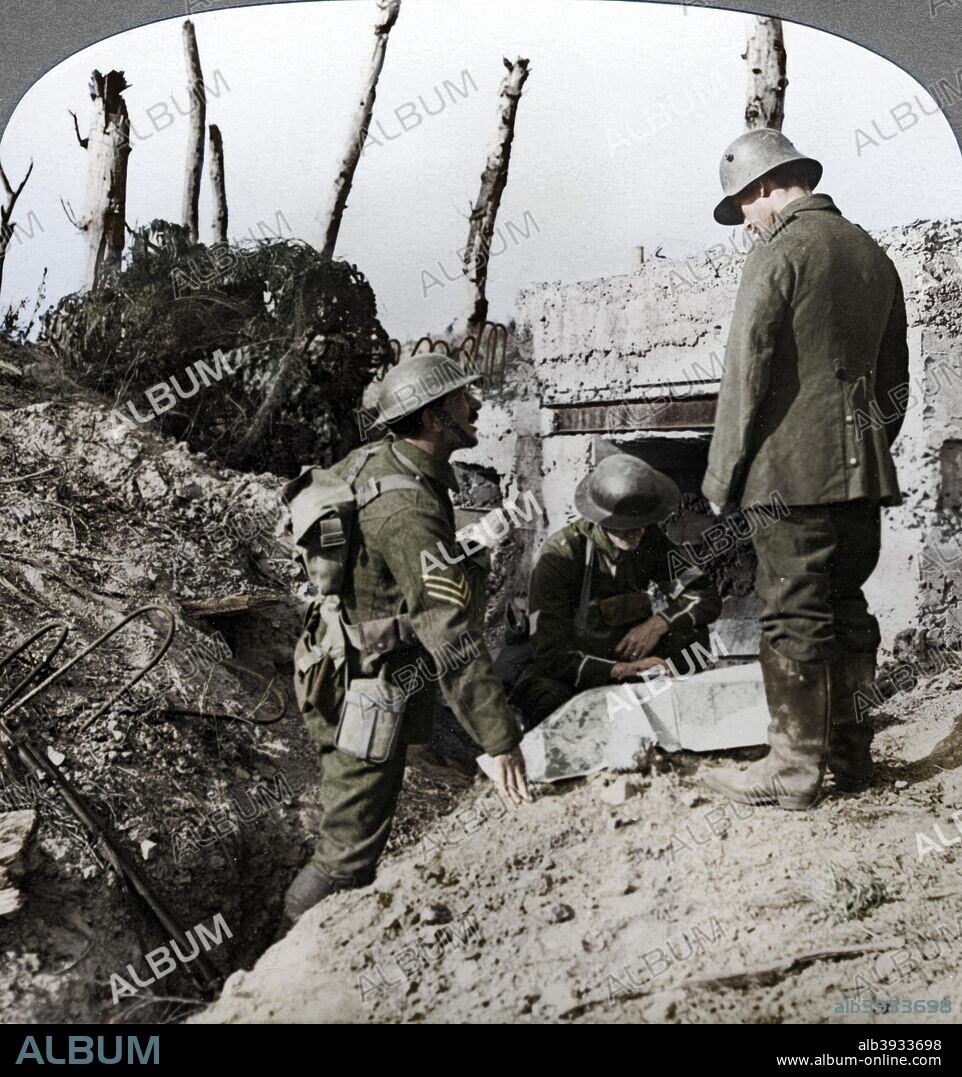 Captured German blockhouse, Poelecappelle, Belgium, World War I, 1914-1918. The Battle of Poelcappelle was part of the larger Battle of Passchendaele (Third Battle of Ypres). Stereoscopic card detail. (Colorised black and white print).