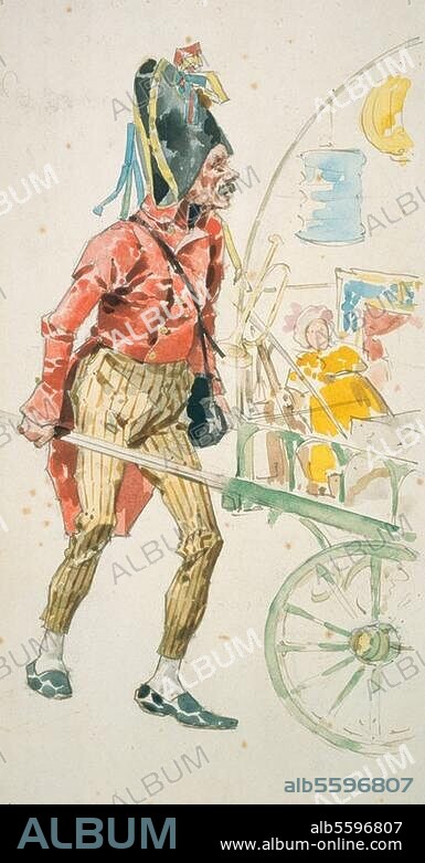 Puccini, Giacomo ; compositeur italien ; 1858-1924. Oeuvre :. La Bohême (opéra ; livret: Giacosa et Illica ; 1ère 1896). Figurine de Parpignol. Aquarelle de Adolf Hohenstein (1854-1917). Milan, Casa Ricordi.