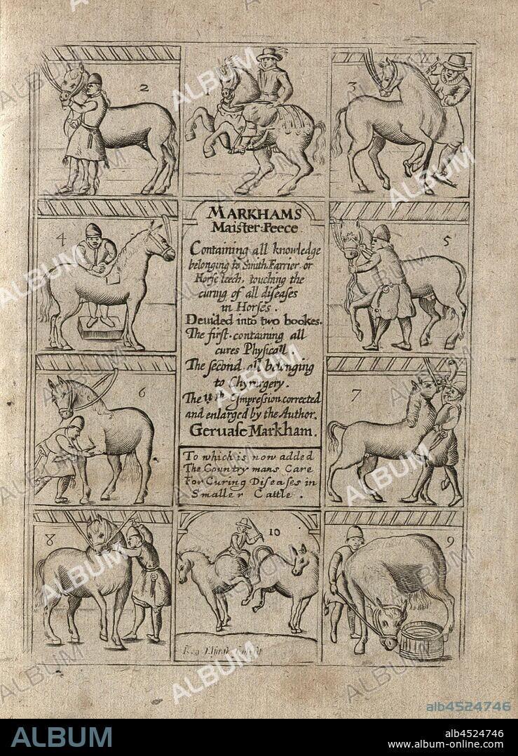 Cover page for Markham's masterpiece, People working with horses, signed: Ren., Elstrak sculpsit, title page, Elstrak, Renold (sc.), Gervase Markham: Markham's master piece: containing all knowledge belonging to the smith, farrier, oder horse-leach, touching the curing of all diseases in horses [...]. London: printed for M. Wotton and G. Conyers, 1710.