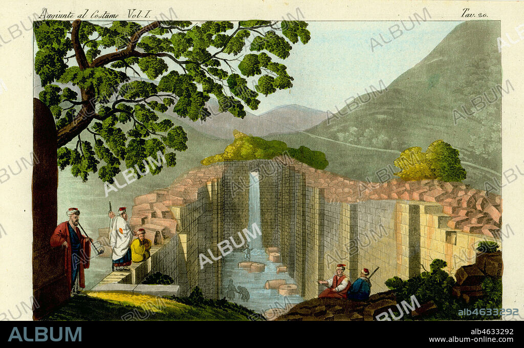 Spring and Pool of Siloam outside the walls of the CIty of David, Jerusalem. Fontana e Piscina di Siloe. Handcoloured copperplate engraving by Corsi after Giulio Ferrario in his Costumes Ancient and Modern of the Peoples of the World, Il Costume Antico e Moderno, Florence, 1833. Copied from Luigi Mayers Views in Egypt, Palestine and Other Parts of the Ottoman Empire, 1804.