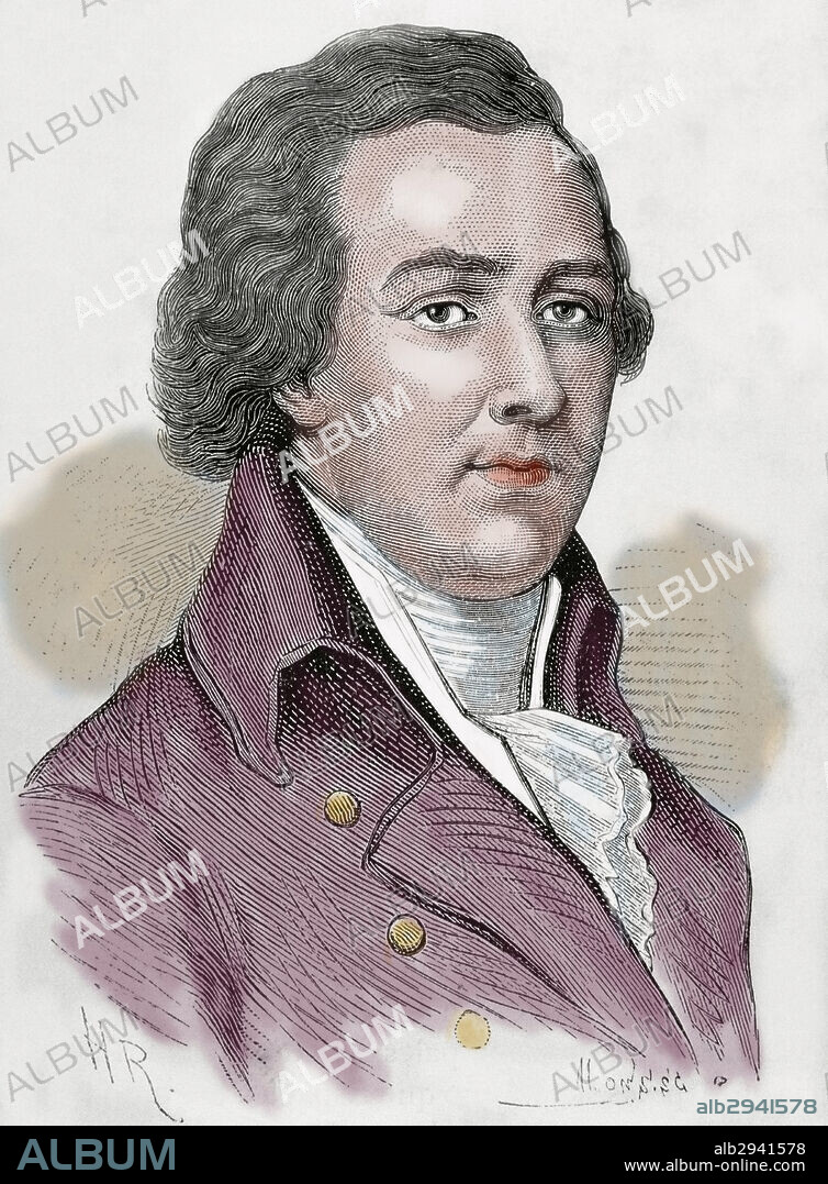 William Pitt el Joven (1759-1806). Político y estadista británico. Primer Ministro del Reino de Gran Bretaña (19 de diciembre de 1783 al 31 de diciembre de 1800). Primer ministro del Reino Unido (10 de mayo de 1804 al 23 de enero de 1806). Retrato. Grabado coloreado.