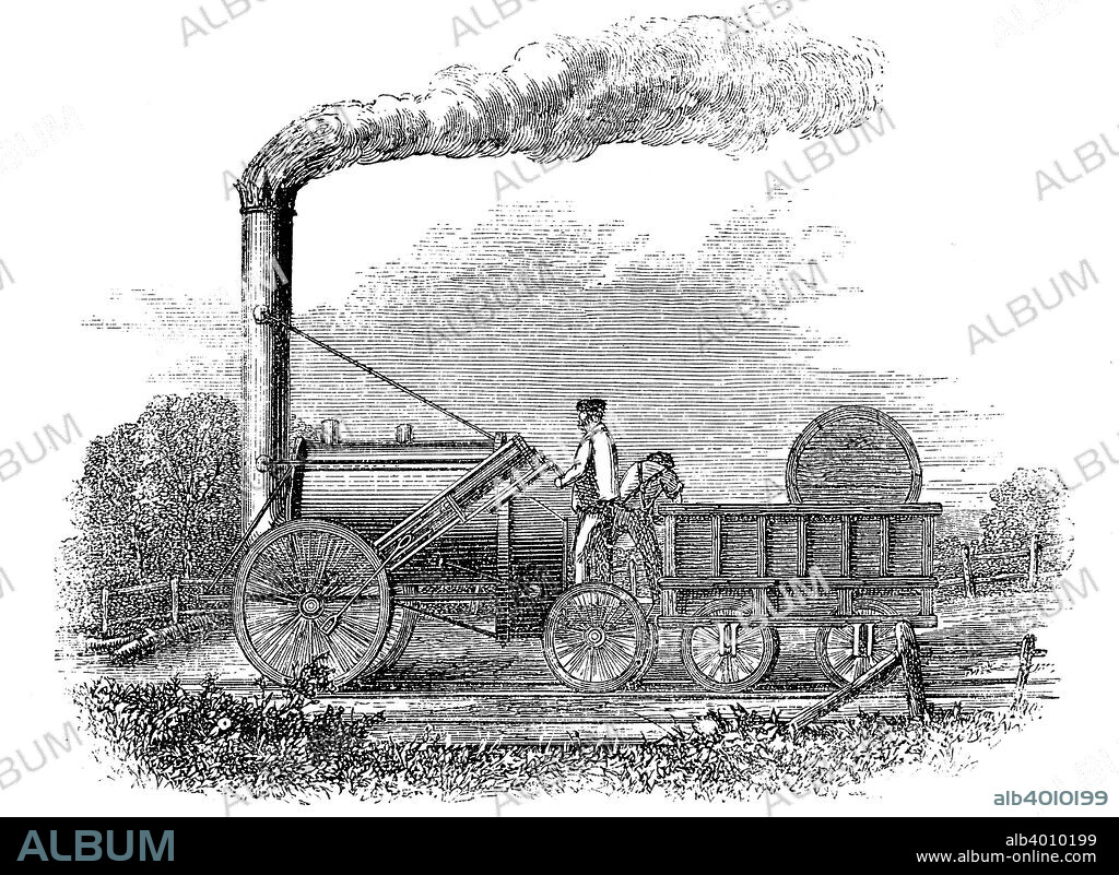 George Stephenson's locomotive 'Rocket', 1829 (1859). On 11 October 1829 'Rocket' won the Rainhill Trials, a competition held to determine the engine to be used on the Liverpool to Manchester Railway. From Samuel Smiles The Story of the Life of George Stephenson. (London, 1859).