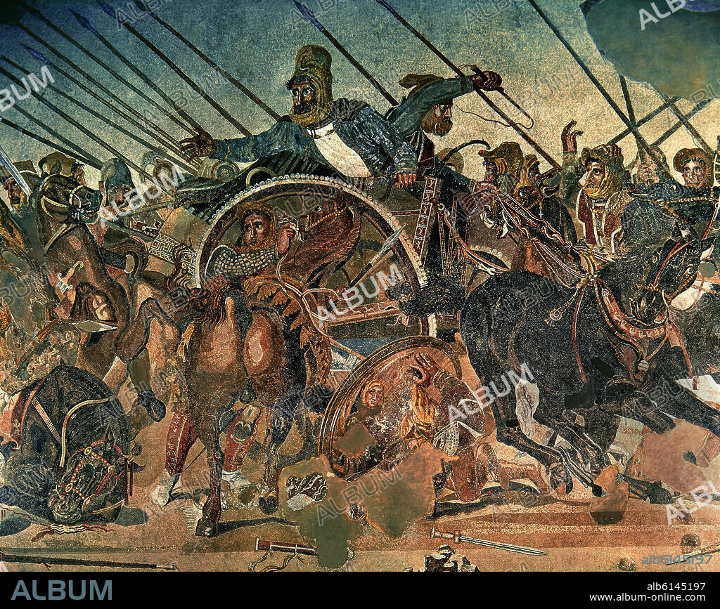 Battle of Issos between Alexander the Great and Darius III . Detail: Darius III in his chariot. 1st century B.C.. Mosaic from the House of the Faun at Pompei. Naples, National Archaeological Museum.