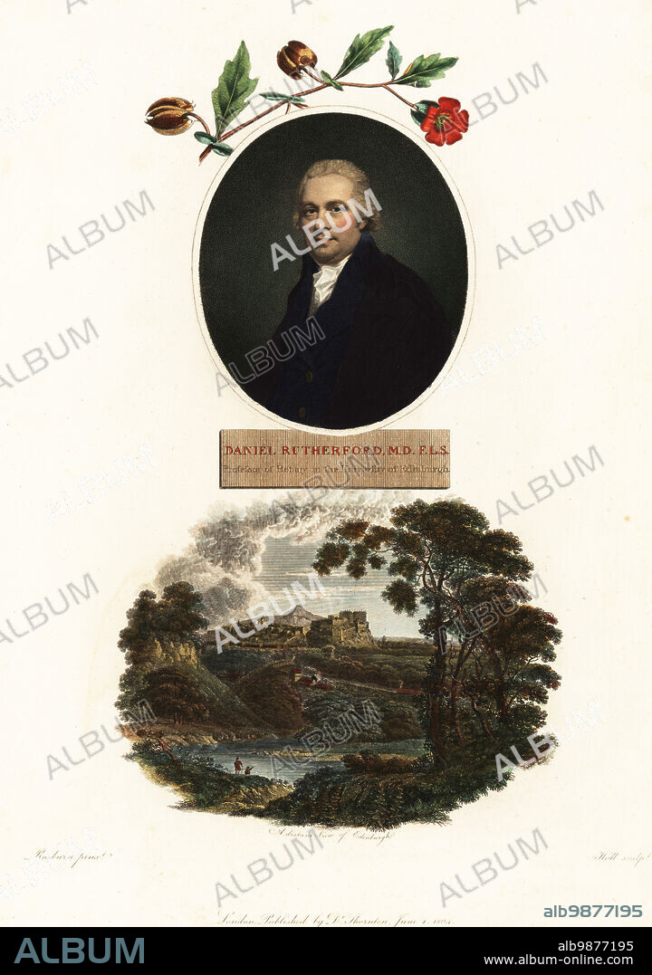 Daniel Rutherford, MD, FLS, physician and botanist, Professor of Botany at the University of Edinburgh, 1749-1819. A distant view of Edinburgh. Handcoloured copperplate engraving by William Holl after a portrait by Sir Henry Raeburn from Dr. Robert John Thorntons New Illustration of the Sexual System of Carolus von Linnaeus, the Temple of Flora, London, 1804.