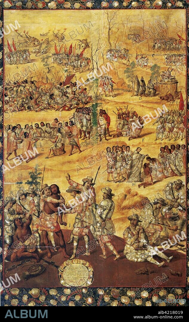 The Conquest of Me_xico (1519-1521). Depicted scenes: Hernan Cortes destroying the fleet; War in Cholula; Cholultecas indians kneeling before the king of Spain (obedience to the king); Towards to Cholula the Friar Bartolome de Olmedo baptizing seven Indians; Punishment received by the Indians spies of Xicotencatl: they cut their hands; They eat dog meat because of hunger. Table belonging to a set of 6 made with the "enconchado" technique (fragments of mother-of-pearl embedded in the wooden surface, and soft layers of paint are added to the shiny surface. Anonymous author. Oil and nacre. 1676-1700. Mexican School. Viceroyalty of New Spain. Mexico. Museum of the Americas. Madrid, Spain.