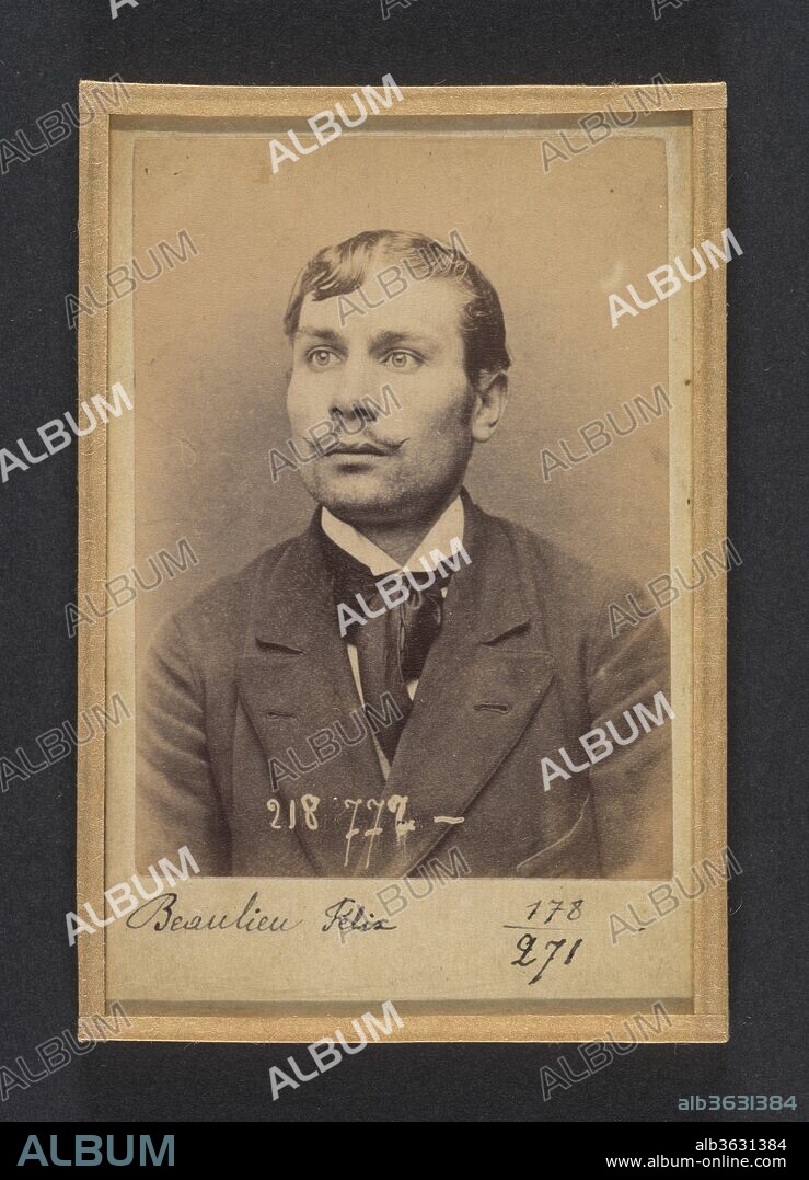 Beaulieu. Henri, Félix, Camille. 23 ans, né le 30/11/70 à Paris Ve. Comptable. Anarchiste. 23/5/94. Artist: Alphonse Bertillon (French, 1853-1914). Dimensions: 10.5 x 7 x 0.5 cm (4 1/8 x 2 3/4 x 3/16 in.) each. Date: 1894.
Born into a distinguished family of scientists and statisticians, Bertillon began his career as a clerk in the Identification Bureau of the Paris Prefecture of Police in 1879. Tasked with maintaining reliable police records of offenders, he developed the first modern system of criminal identification. The system, which became known as Bertillonage, had three components: anthropometric measurement, precise verbal description of the prisoner's physical characteristics, and standardized photographs of the face. 
In the early 1890s Paris was subject to a wave of bombings and assassination attempts carried out by anarchist proponents of "propaganda of the deed." One of Bertillon's greatest successes came in March 1892, when his system of criminal identification led to the arrest of an anarchist bomber and career criminal who went by the name Ravachol (2005.100.375.348). The publicity surrounding the case earned Bertillon the Legion of Honor and encouraged police departments around the world to adopt his anthropometric system.