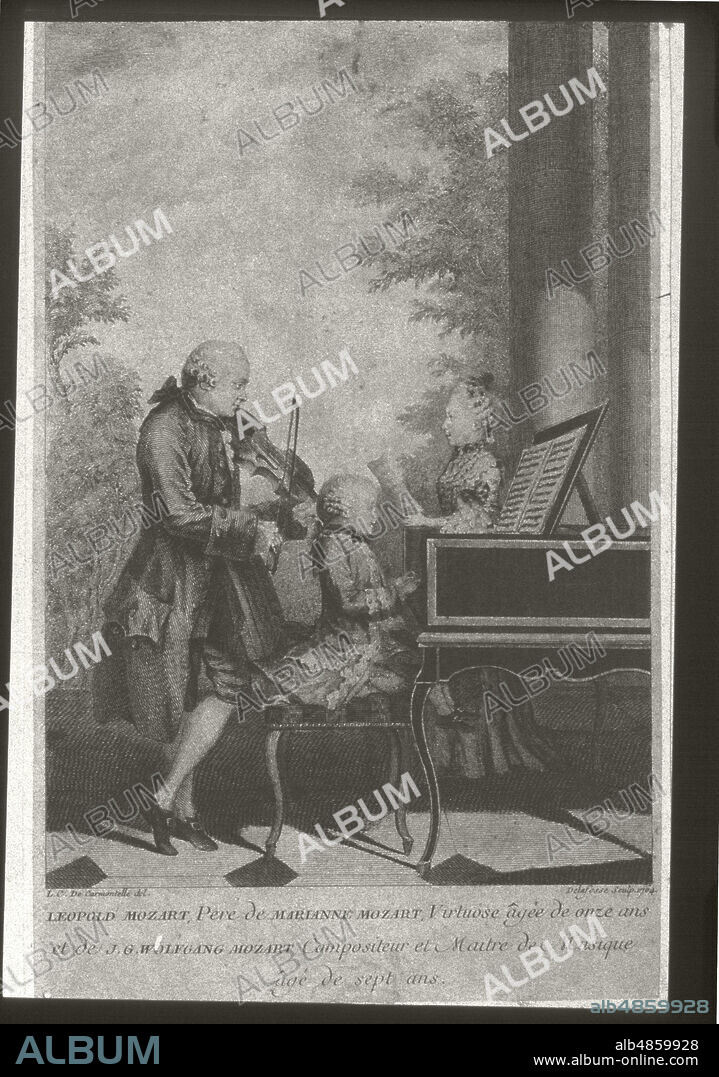 "Leopold, Marianne e Wolfgang Amadeus Mozart in a family concert". Engraving, 1764 based on a Watercolor by Louis Carrogis Carmontelle, ca. 1763.