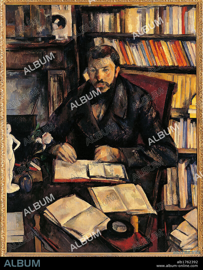 Portrait of Gustave Geffroy, by Paul Czanne, 1895, 19th Century, oil on canvas, cm 116 x 89. France, Ile de France, Paris, Muse dOrsay. All. Portrait of Gustave Geffroy moustaches head and shoulders portrait jacket bookcase book table chair study brown yellow orange.