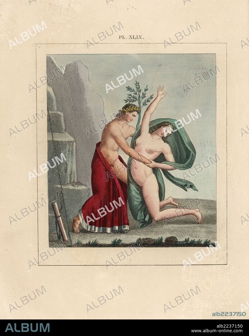 Fresco from Pompeii. Erotic scene with Apollo in laurel wreath and mantle ravishing a nymph. His bow and quiver stand to one side. Handcoloured lithograph from Cesar Famin's "Musee royal de Naples (The Royal Museum at Naples)," Abel Ledoux, Paris, 1836. This rare volume is a catalog of the collection of erotic paintings, bronzes and statues excavated in Pompeii and Herculaneum and stored in a Secret Cabinet at Naples.