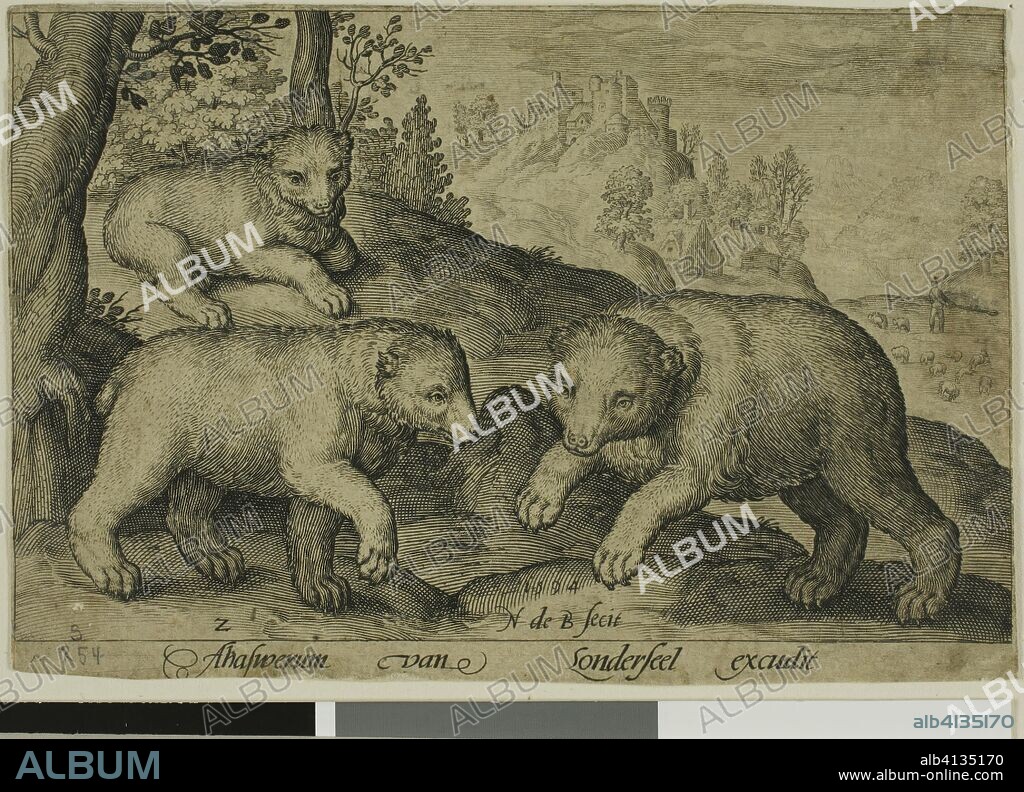 Three Bears, plate ten from Four-Legged Animals. Nicolaes de Bruyn (Flemish, 1571-1656); published by Assuerus van Londerseel (Flemish, 1572-1635). Date: 1594. Dimensions: 124 x 84 mm (sheet, trimmed within plate mark). Engraving in black on cream laid paper. Origin: Flanders.