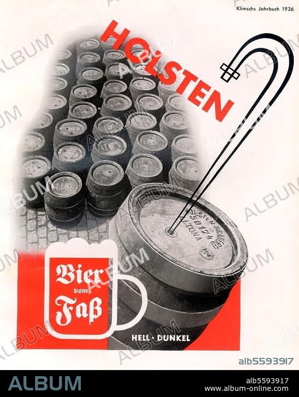 Nahrungs- und Genußmittel:. Alkohol / Bier. "Holsten / Bier vom Faß". Zeitschriftenwerbung, 1936. Aus: Klimschs Jahrbuch des graphischen Gewerbes, 29. Bd., Frankfurt a. M., 1936.