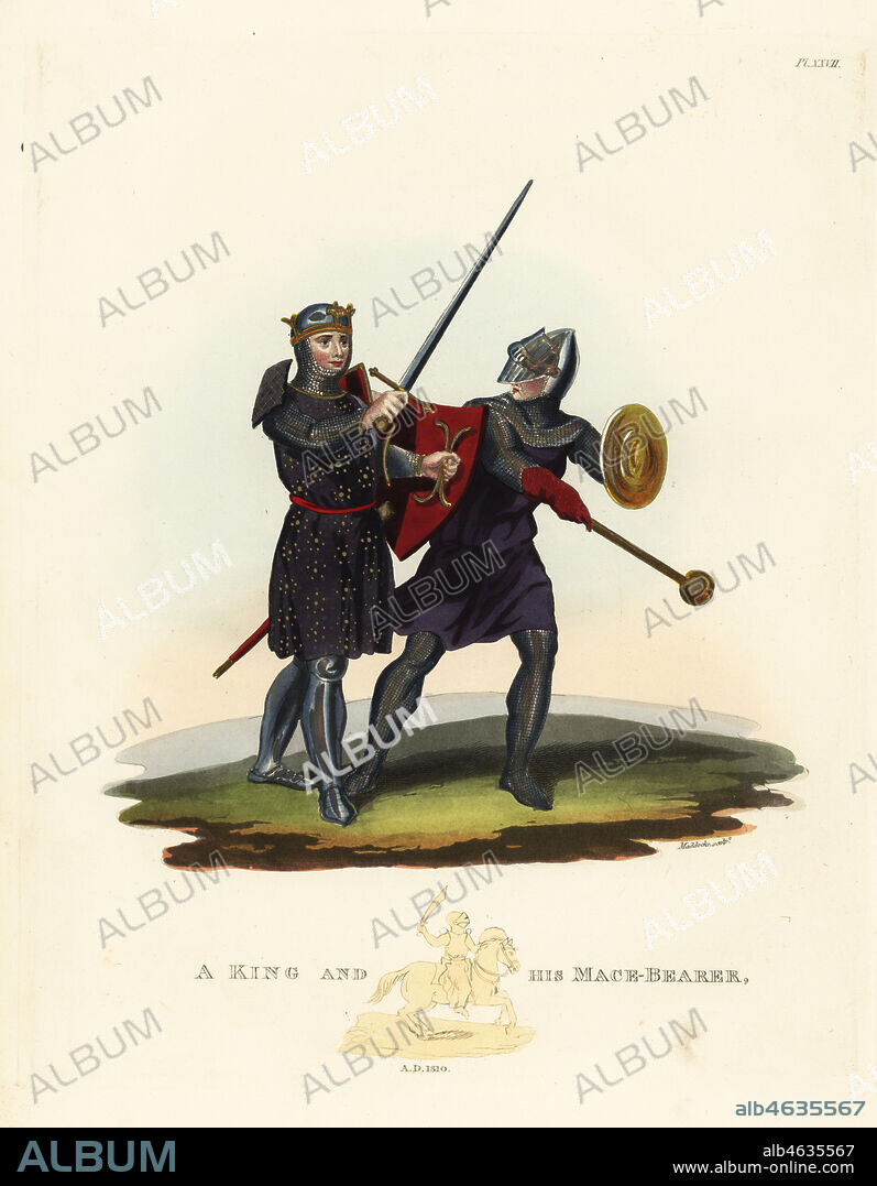 A king and his mace-bearer, 1310. The king in plate armour with ailettes, surcoat, crown, sword and shield. His mace-bearer in chainmail armour, with studded cloth gauntlet (garni de teles et de fer), buckler and mace. Handcoloured lithograph by Maddocks after an illustration by S.R. Meyrick from Sir Samuel Rush Meyrick's A Critical Inquiry into Antient Armour, John Dowding, London, 1842.