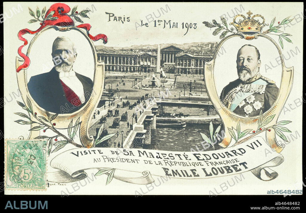 Carte postale symbolisant l'Entente cordiale en presentant les portraits de Emile Loubet (1838-1929) et Edouard VII (1841-1910) lors de la visite de sa majeste Edouard VII a Paris le 01/05/1903. Credit: Collection IM/Kharbine-Tapabor.