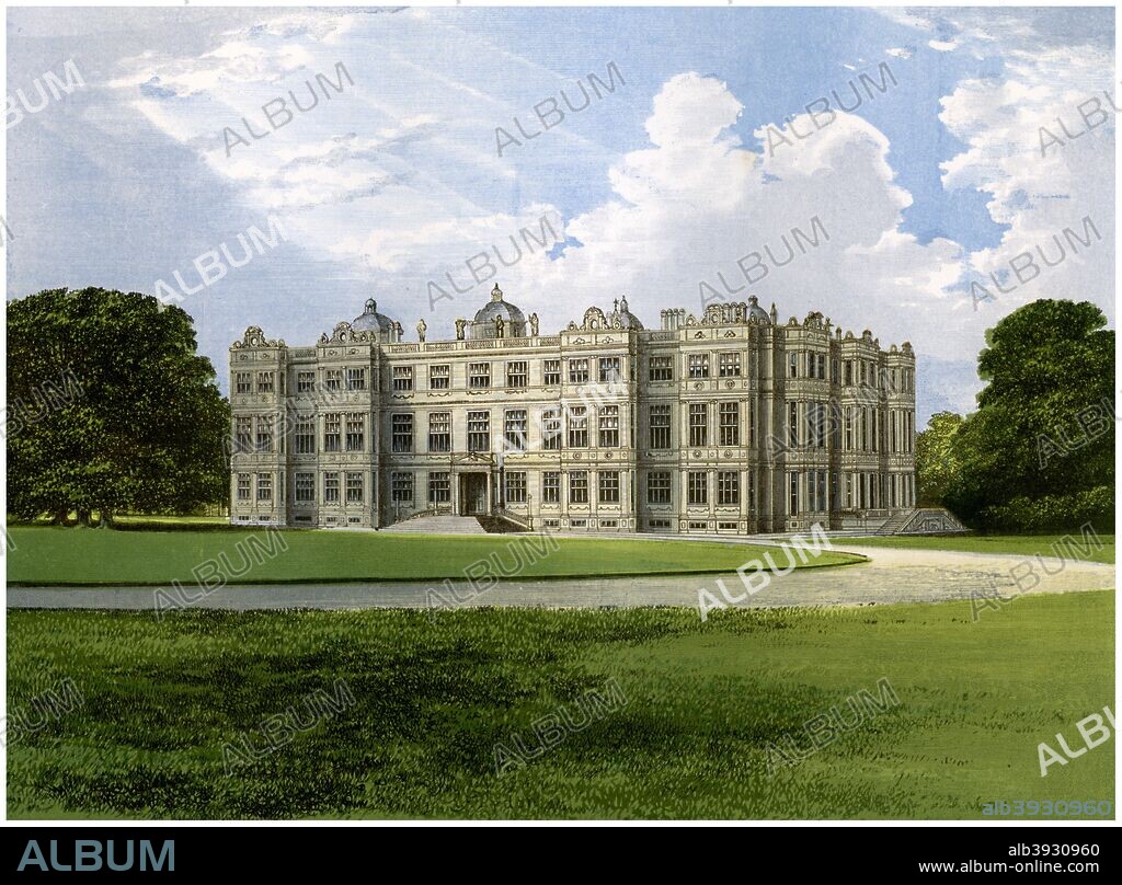 Longleat, home of the Marquess of Bath, Wiltshire, c1880. Designed by Robert Smythson, Longleat is regarded as one of the finest Elizabethan country houses in England. The grounds were landscaped by Capability Brown in the 18th century. A print from A Series of Picturesque Views of Seats of the Noblemen and Gentlemen of Great Britain and Ireland, edited by Reverend FO Morris, Volume V, William Mackenzie, London, c1880. Wood-engraved plates after paintings by Benjamin Fawcett and Alexander Francis Lydon.