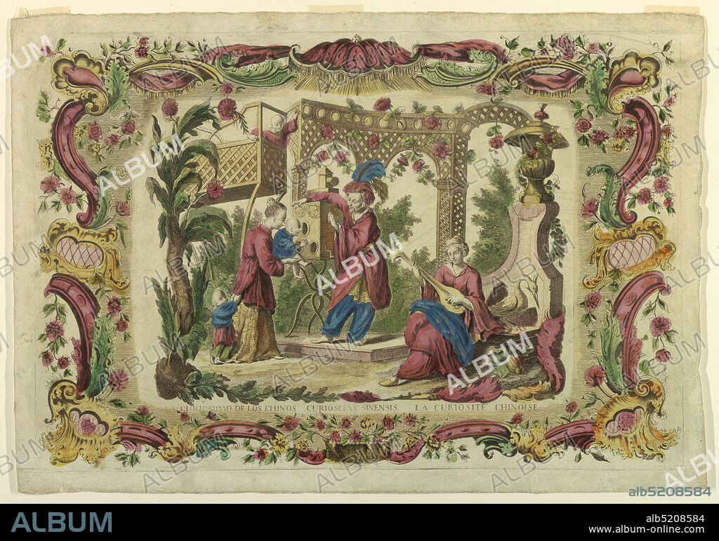 The Curiosity of the Chinese, Hand colored etching with watercolor and gold on paper, A woman holds a small child up to look into a peepshow operated by a man in plumed hat. A seated woman plays a lute, at right. Two other children at left, before a trellis arcade. Wide ornamental border composed of scroll motifs, flowers and a canopy at top., France, 175075, ornament, Print, Print.