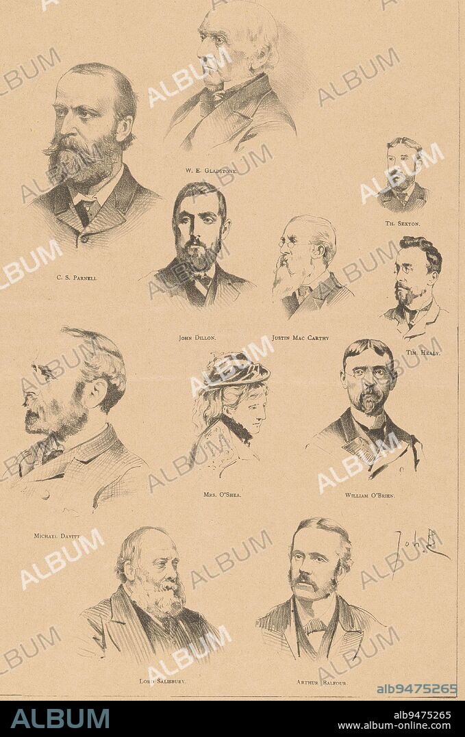 Portraits of Charles Stewart Parnell, William Ewart Gladstone, Thomas Sexton, John Dillon, Justin McCarthy, Tim Healy, Michael Davitt, Katharine O'Shea, Williem O'Brien, Robert Gascoyne-Cecil and Arthur Balfour, Parnellists and Nationalists: The main characters in the Irish party struggle original , print maker: Johan Braakensiek, (mentioned on object), printer: Harms & Co. Ellerman, (mentioned on object), 28-Dec-1890, paper, h 435 mm × w 296 mm.