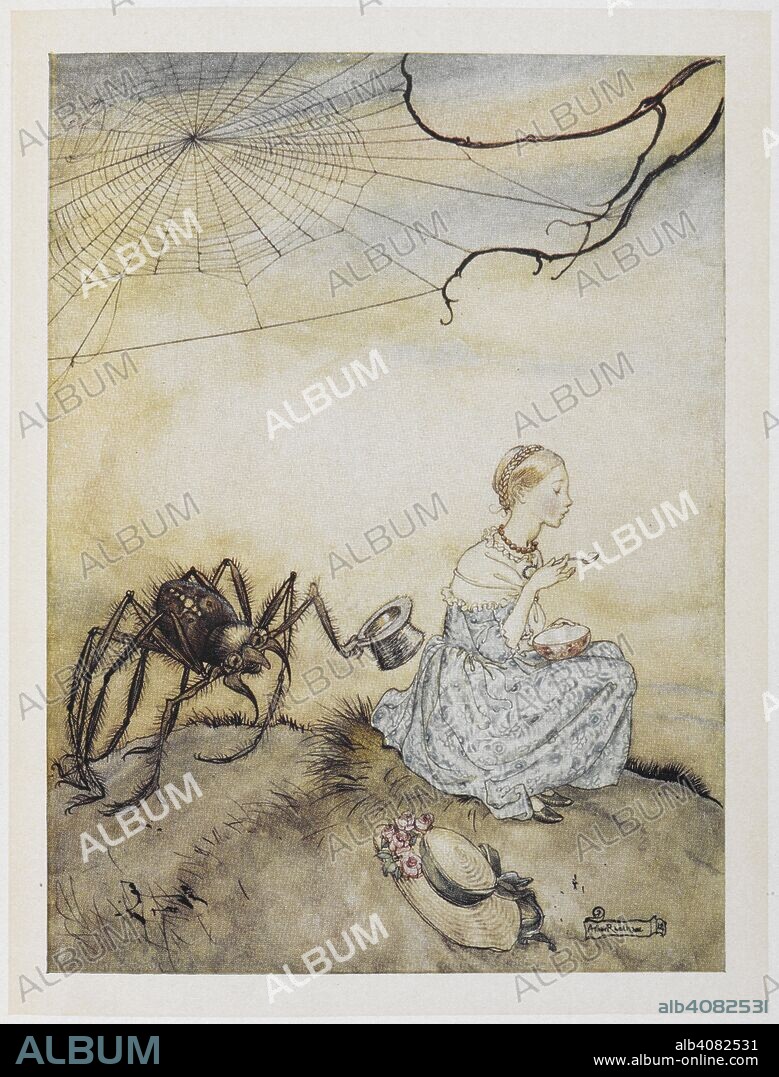 Little Miss Muffet. Mother Goose. The old nursery rhymes. Illustrated by Arthur Rackham. London : William Heinemann, [1913.]. Source: 11646.h.32. Facing page 30.