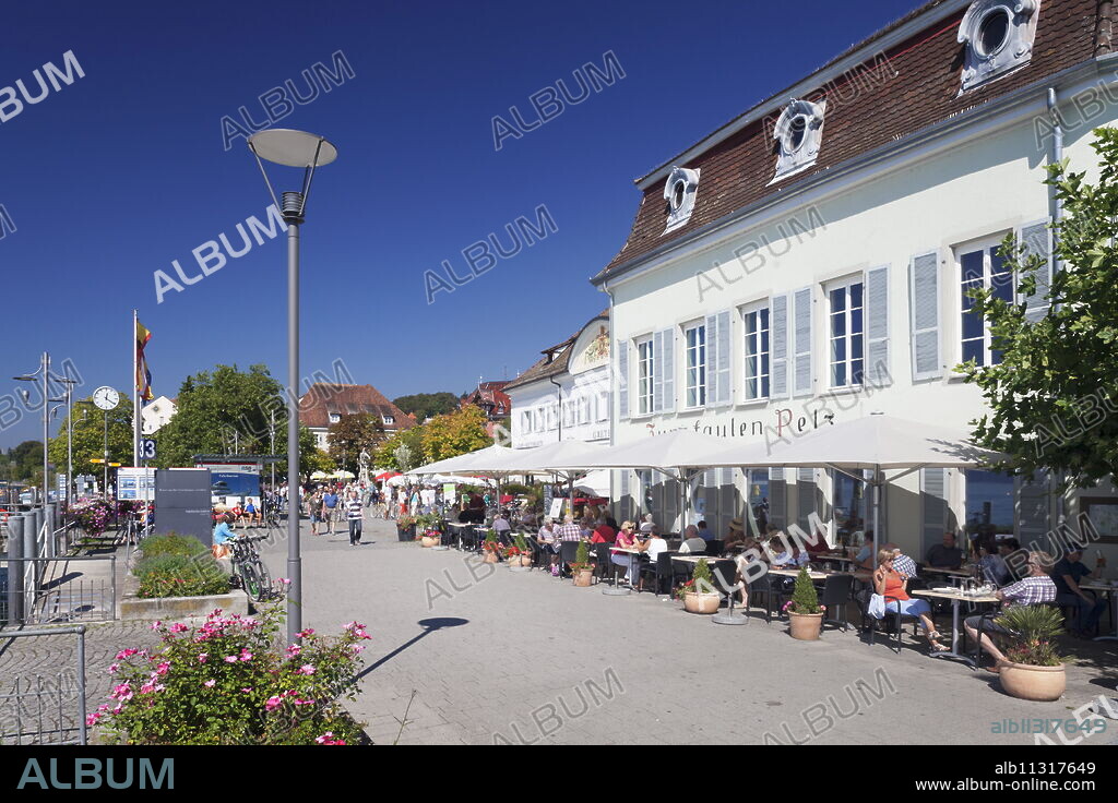 Promenade with restaurant and street cafe, Uberlingen, Lake Constance (Bodensee), Baden Wurttemberg, Germany, Europe.