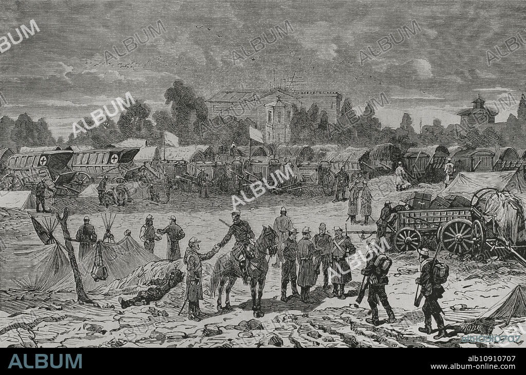 Guerra Ruso-Turca o Guerra de Oriente (1877-1878). El 24 de abril de 1877 Rusia declaró la guerra al Imperio Otomano y sus tropas atravesaron el territorio de Rumania. Parque ruso de equipajes en Baniasa. Grabado. "La Guerra de Oriente". Tomo II. 1877.