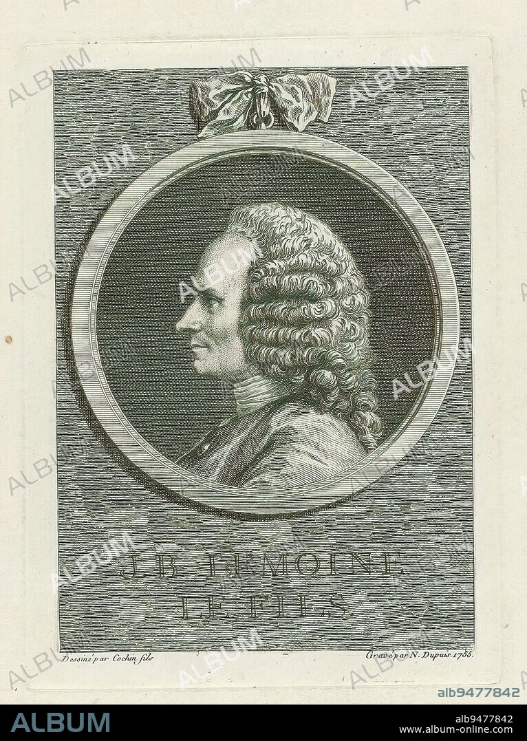 Portrait of Jean-Baptiste Lemoyne, J.B. Lemoine le fils. (title on object), print maker: Nicolas-Gabriel Dupuis, (mentioned on object), after drawing by: Charles Nicolas Cochin (II), (mentioned on object), France, 1755, paper, etching, height 188 mm × width 138 mm.