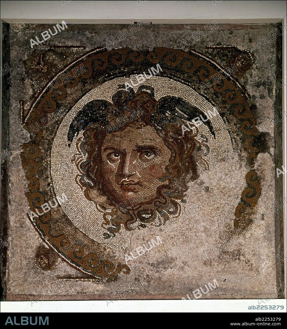MEDUSA. MONSTRUOS DE LA MITOLOGIA GRIEGA. UNA DE LAS TRES GORGONAS , LA UNICA QUE FUE MORTAL. MOSAICO. MUSEO ARQUEOLOGICO. TARRAGONA.