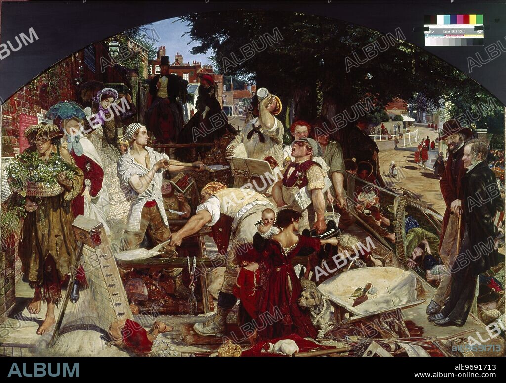 In the Sweat Of The Face Shalt Thou Eat Bread. Work - by Ford Maddox Brown (finished 1868). Ford Madox Brown (April 16, 1821 - October 6, 1893) was an English painter of moral and historical subjects, notable for his distinctively graphic and often Hogarthian version of the Pre-Raphaelite style. While he was closely associated with the Pre-Raphaelite Brotherhood, he was never actually a member. Brown's most important painting was Work (1852-1865), which he showed at a special exhibition. It attempted to depict the totality of the mid-Victorian social experience in a single image, depicting 'navvies' digging up a road, and disrupting the old social hierarchies as they did so. The image erupts into proliferating details from the dynamic centre of the action, as the workers tear a hole in the road - and, symbolically, in the social fabric. Each character represents a particular social class and role in the modern urban environment. Brown wrote a catalogue to accompany the special exhibition of Work. This publication included an extensive explanation of Work that nevertheless leaves many questions unanswered. ©2006 Credit:TopFoto.