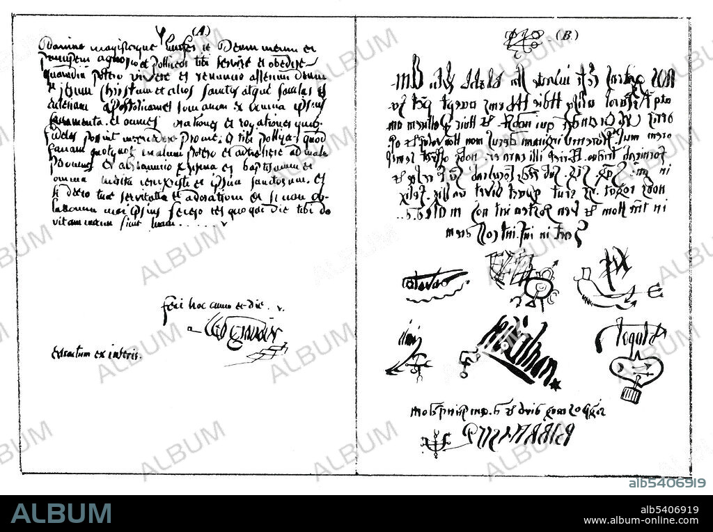 Pact allegedly signed between Urbain Grandier, Satan, Leviathan, Astaroth, and a number of other demons. The Loudun possessions was a notorious witchcraft trial in France in 1634. Urbain Grandier (1590-1634) was a French Catholic priest who served in the church of Sainte Croix in Loudun. In 1632, a group of nuns accused him of having bewitched them, sending the demon Asmodai, among others, to commit evil and impudent acts with them. He was arrested, interrogated and tried by an ecclesiastical tribunal, which acquitted him. Grandier had gained the enmity of Cardinal Richelieu after a public verbal attack against him. Richelieu ordered a new trial, conducted by his special envoy Jean de Laubardemont. After torturing Father Grandier, the judges introduced documents purportedly signed by Grandier and several demons as evidence that he had made a diabolical pact. Despite torture, Grandier never confessed to witchcraft. He was burned alive at the stake.