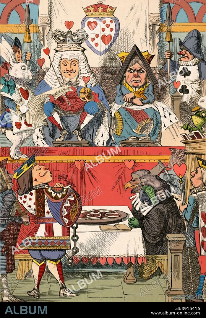 'The King and Queen of Hearts in Court', 1889. Lewis Carroll's (1832-1898) 'Alice in Wonderland' as illustrated by John Tenniel (1820-1914). From Alice's Adventures in Wonderland by Lewis Carroll. [Macmillan & Co., New York, 1889] . (Colorised black and white print).