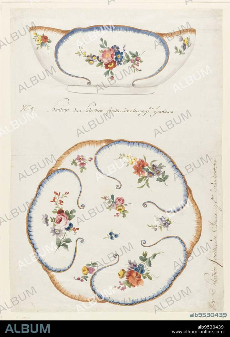 JACQUES-FRANÇOIS MICAUD. View of salad bowl in elevation (above) and plan (below), painted on exterior and interior in form of large cabbage-like leaves, each leaf bordered alternatively in blue and yellow/brown painted scallops. The reserves are painted with sprays of roses, tulips, and colored daisies. Brush and watercolor, black chalk on cream laid paper. Date: 1760-75.
