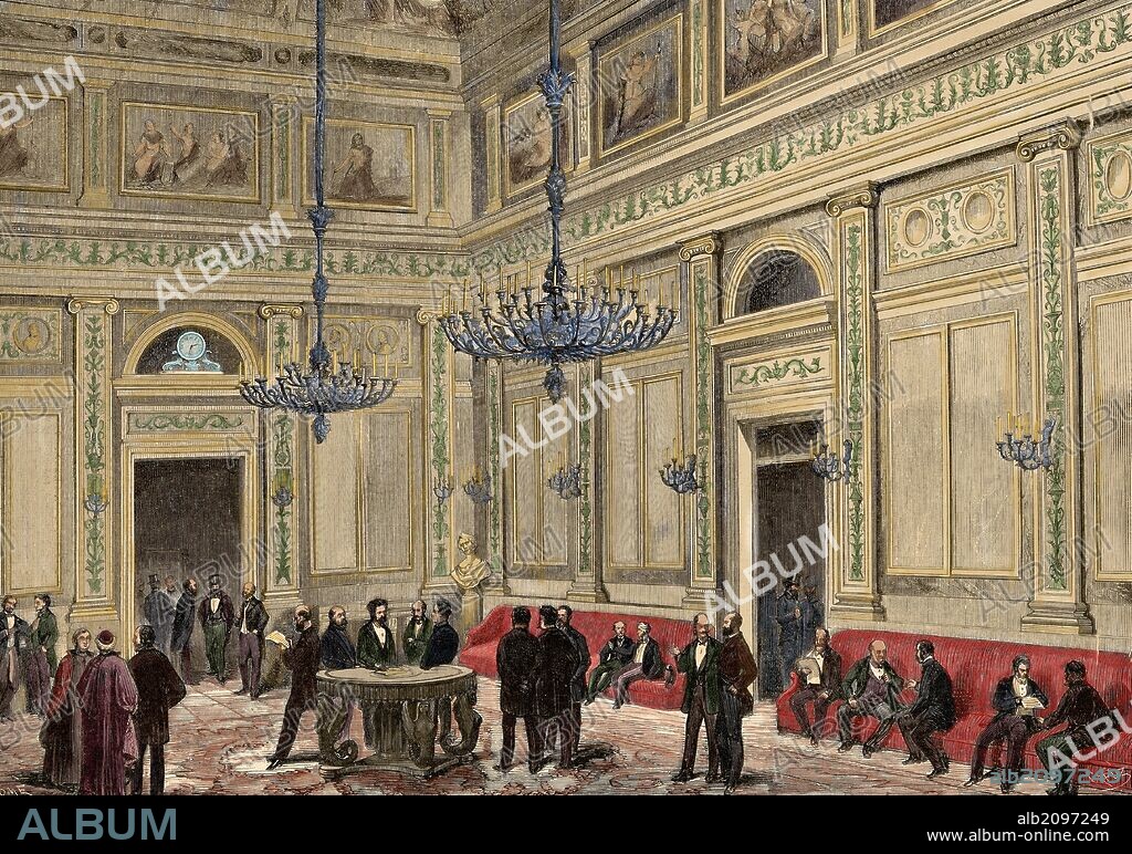 HISTORIA DE ESPAÑA. SIGLO XIX. MADRID. "SALON DE CONFERENCIAS DEL CONGRESO DE DIPUTADOS". Grabado coloreado de la "Ilustración Española y Americana". Año 1872.