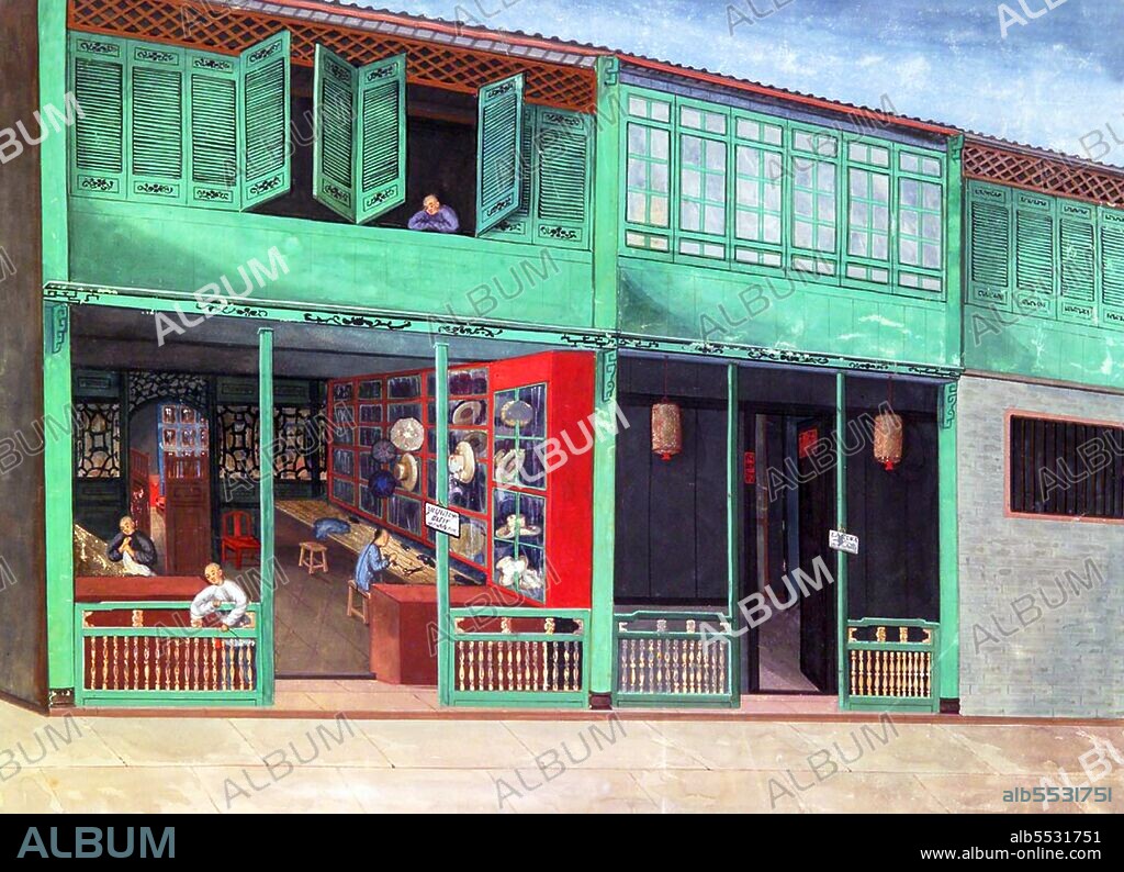 The studio of the artist Tingqua was perhaps the most prolific source of Chinese export painting during the nineteenth century. Located at 16 China Street, Guangzhou, the school specialized in gouache and watercolor paintings influenced by Western artistic traditions. These works became known in America primarily through the American China trader Augustine Heard, who brought a substantial collection of Tingqua paintings back to the United States in ca. 1855. These are now located at the Peabody Museum in Salem, Massachusetts. Tingqua was from a family of Chinese artists, each of whom were recognized for there skills in painting scenes suitable for the export market. His father, Guan Zuolin, often known by his western name, Spoilum, was the first identifiable artist of the Cantonese export school. Tingqua's work is perhaps most recognized for its exquisite characterization of daily life and for its exceptional detail. The precision of the brushwork and concentration upon light effects is superb, and in each scene the importance of world trade with China is beautifully displayed.