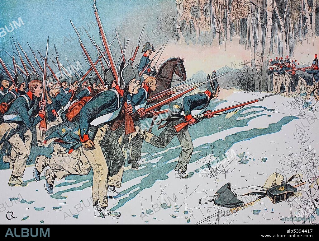 Battle of Eylau or Battle of Preussisch-Eylau, 7 and 8 February 1807, between Napoleon's Grande Armée and the Imperial Russian Army under the command of Levin August von Bennigsen, historical illustration, Germany