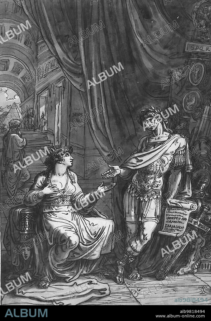 Cleopatra asks Caesar for help, Pharaoh Cleopatra VII born 69 BC, died 12 August 30 BC, ruled Egypt as the last queen of the Macedonian-Greek dynasty of the Ptolemies from 51 BC to 30 BC, Historical, digitally restored reproduction from an original of the time