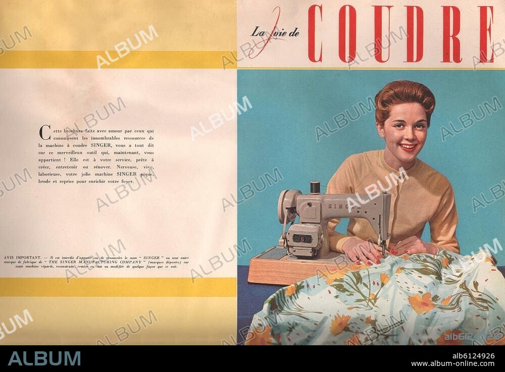 Technik / Haushaltsgeräte / Nähmaschine.-"La Joie de COUDRE". Werbung für elektrische Nähmaschinen der Marke SINGER. Farbdruck, französisch, undatiert (1950er Jahre).