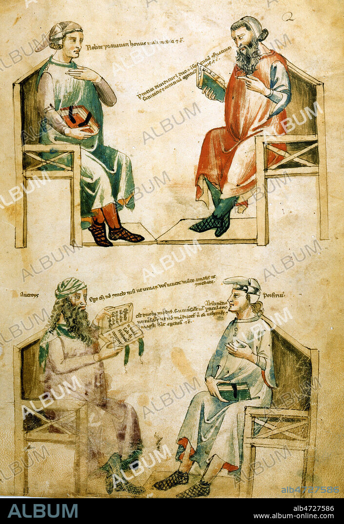 AVERROES (1126-1198) conversant avec PORPHYRE. Miniature provenant du manuscrit medieval 'Liber de herbis et plantis' par Manfredi de Monte Imperiale, datant du 14eme s. (XIVe, XIVeme, 14e s.) Credit : Collection NB/KHARBINE-TAPABOR.