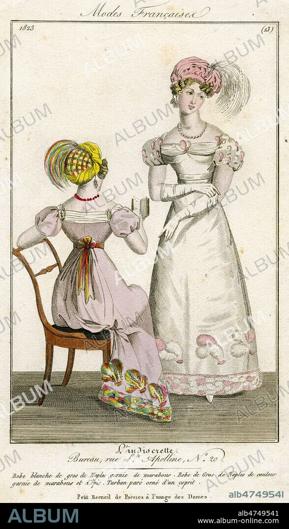 'Robe blanche de gros de Naples garnie de marabous. Robe de gros de Naples de couleur garnie de marabous et d'epis. Turban pare orne d'un esprit'. Gravure de mode tiree de la revue 'L'indiscrete', en 1823. Credit : Collection IM/KHARBINE-TAPABOR.