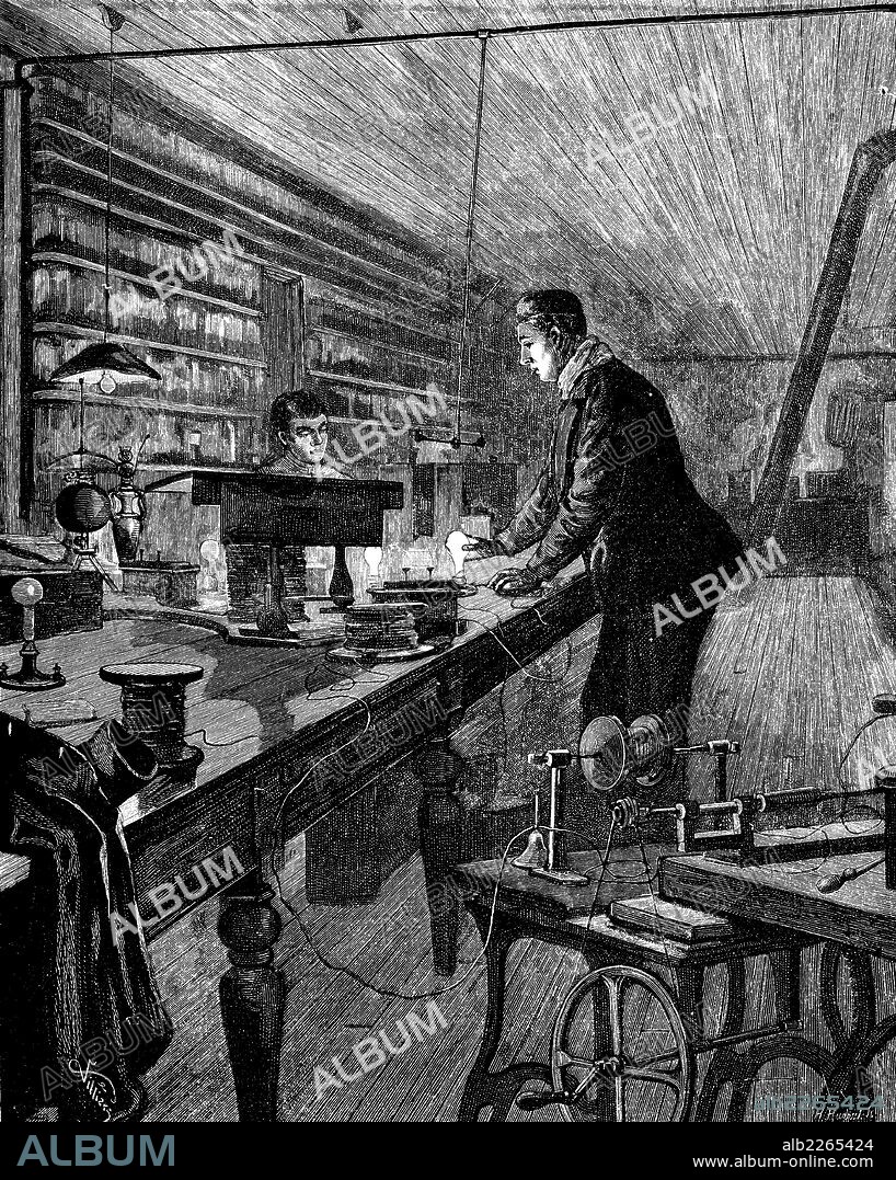 Thomas Alva Edison (1847-1931) en su laboratorio. Inventor del fonógrafo y hombre de negocios de los Estados Unidos. Grabado de 1881.