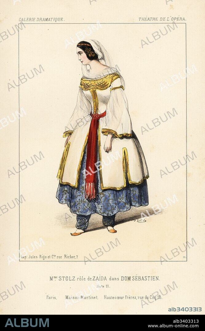 Mezzo-soprano Rosine Stoltz as Zaida in Dom Sebastien, Act II, by Gaetano Donizetti, Theatre de l'Opera, 1843. Handcoloured lithograph after an illustration by Victor Dollet from Galerie Dramatique: Costumes des Theatres de Paris, Paris, 1845.