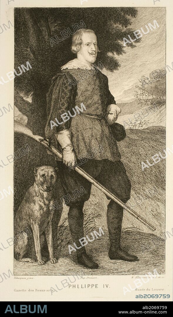 DIEGO VELÁZQUEZ y W. HAUSSOULLIER. W Haussoullier; Diego Rodríguez de Silva y Velázquez / 'Felipe IV, cazador', 1863, Escuela Francesa, Aguafuerte sobre Papel, 276 mm x 185 mm, G03017.