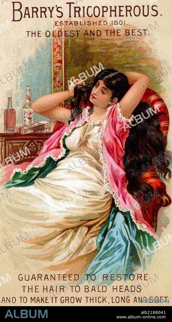 A Vitcorian tradecard for a "medicine" that is guaranteed to rerstore the hair to bald heads and to make it grow thick, long, and soft.  In reality, these quack concoctions were mostly alcohol or poisons like lead.