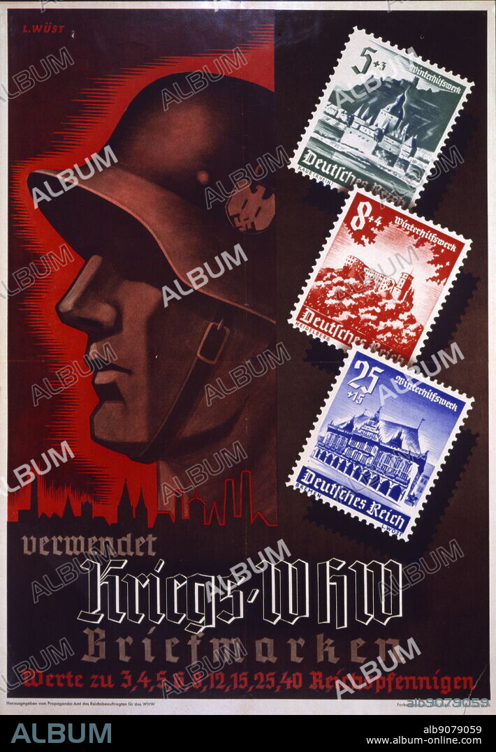 German world war two propaganda poster. 'We must use WHW War Stamps'. 1942. Three German stamps illustrate the beauty of the late medieval architecture of Heidelberg, Bremen and Kaub. The stamps were issued with a surtax to support 'Winter Help Week,' an army charity that gave clothing to German troops who were ill equipped to fight the Soviets and the bitter cold. A Wehrmacht soldier is shown in perfect profile next to the stamps. Published by Propaganda. Office of the Reich Commissioner.