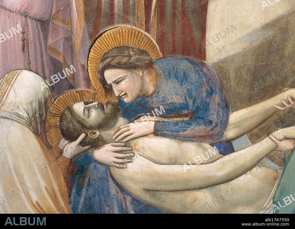 Stories of the Passion The Mourning over the Dead Christ, by Giotto, 1303-1305 about, 14th Century, fresco, cm 200 x 185. Italy, Veneto, Padua, Scrovegni Chapel. Detail. Dead Jesus Christ Madonna Virgin Mary aureole halo gold body.