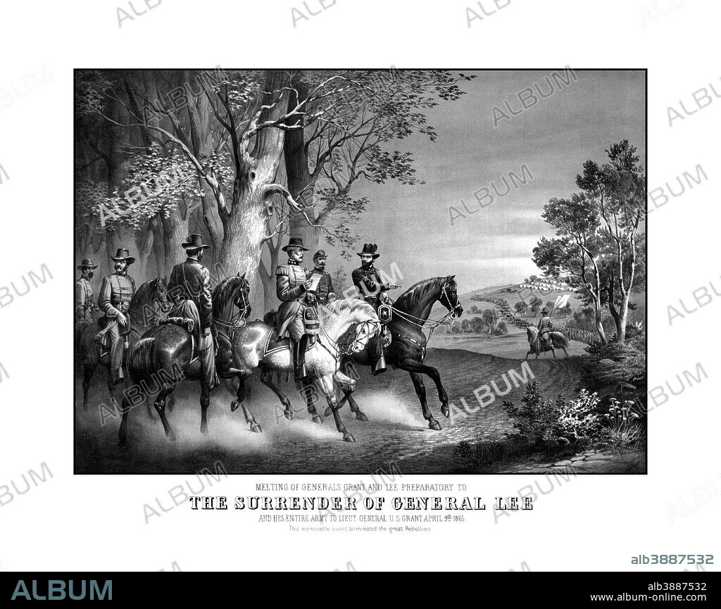 Vintage Civil War print showing the meeting of Generals Robert E. Lee and Ulysses S. Grant, planning the official surrender of Lee's Confederate Army. It reads, Meeting of Generals Grant and Lee preparatory to The Surrender Of General Lee and his entire army to Lieut. General U.S. Grant, April 9th 1865. This memorable event terminated the great rebellion.