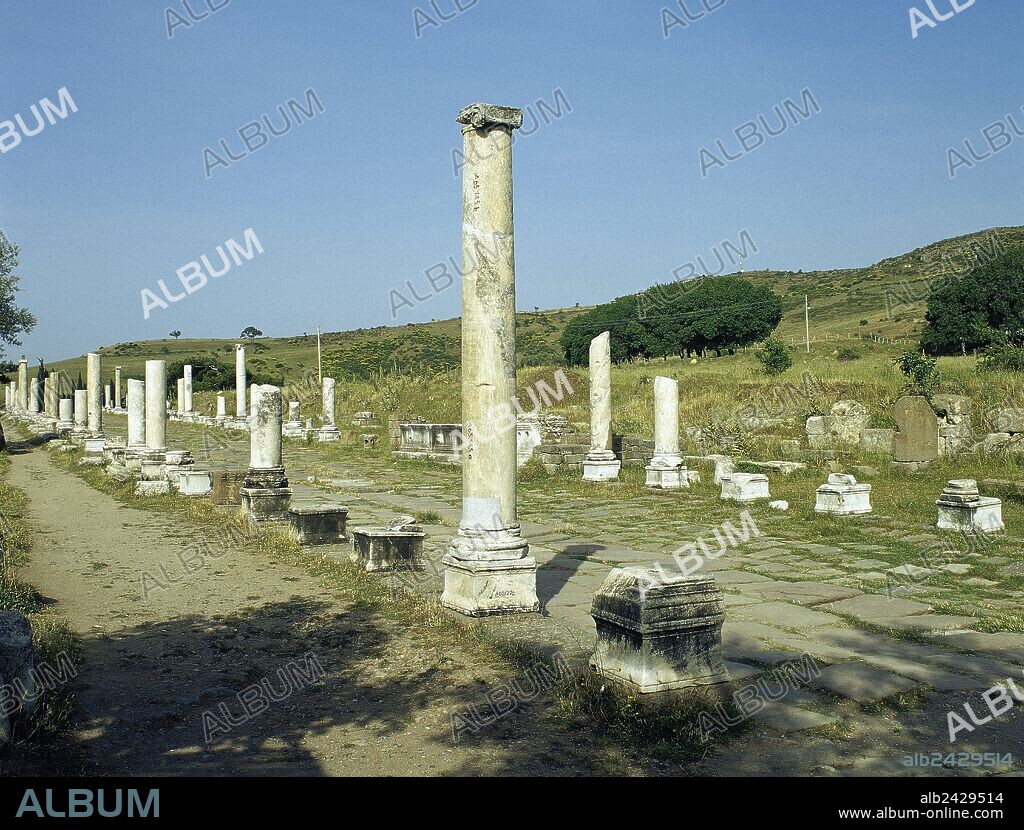 ARTE GRIEGO-HELENISTICO. ASIA MENOR. PERGAMO. Antigua ciudad griega en la Misia. Cobró importancia a partir del siglo III d. C., convirtiéndose en provincia de Asia en el 129 a. C., en época romana. Vista general de la VIA TECTA o VIA SACRA, de 820 m. de longitud. Comunicaba el santuario con la ciudad baja y estaba toda ella flanqueada por pórticos. TURQUIA. Península Anatólica.
