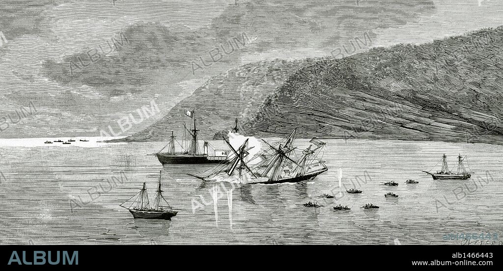 HISTORIA DE LA GUERRA DEL PACIFICO. COMBATE NAVAL DE IQUIQUE. La corbeta chilena "Esmeralda" es hundida por el monitor peruano "Huascar" (21 de mayo de 1879). Grabado.