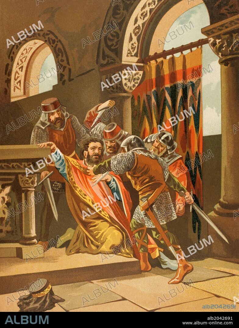 SAN HERMENEGILDO (m. Tarragona, 585). Príncipe visigodo, hijo del rey Leovigildo. Se convirtió al cristianismo. S. VI. "MUERTE DE SAN HERMENEGILDO". Grabado coloreado. "Glorias de España".